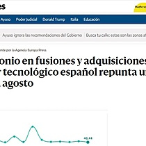 El patrimonio en fusiones y adquisiciones del sector tecnolgico espaol repunta un 74% hasta agosto